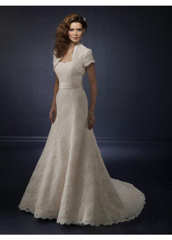 Amazing Short Sleeves Lace Chapel Train Bridal Wedding Dress